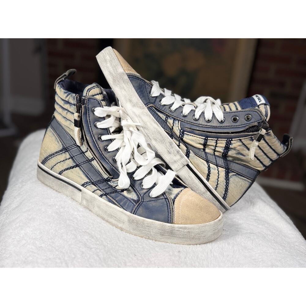 Diesel D-Velows Mid Lace Denim Distressed High Top Sneakers Men’s 9.5 Y2K Grunge